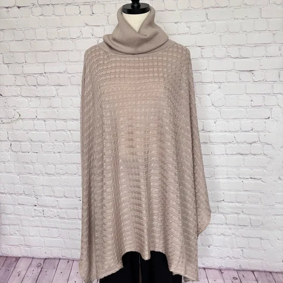 BOSTON PROPER Tan Cable Knit Turtleneck Poncho Sweater--EUC--XS/S - Picture 2 of 14
